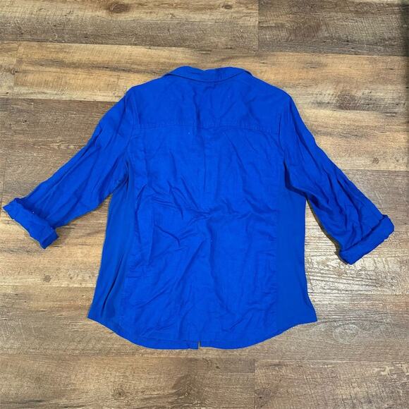 Emily Daniels Linen Blend Roll Tab Half Sleeve Button-Up Shirt Blue Large Pocket - Picture 2 of 9